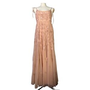 BHLDN Tulle Floral Embroidered Gown Peach Spaghetti Strap Maxi Dress Size 12